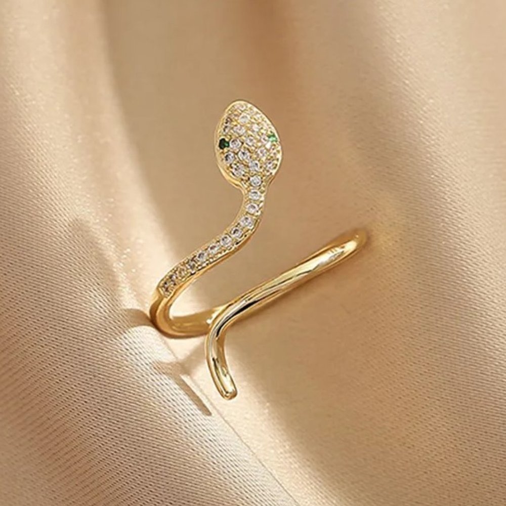 Coiled Snake Serpent Gold Stainless Steel & CZ Diamonds Ring NEW